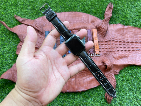 black alligator leather hand stitching apple watch strap