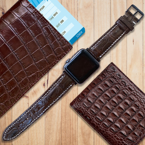 Dark brown alligator leather apple watch strap