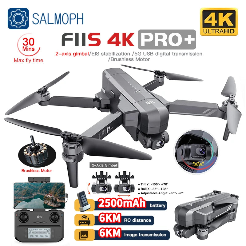SJRC F11S 4K PRO+ Professional Drone With 4K Camera GPS 6KM EIS 2-Axis Anti-Shake Gimbal FPV Brushless Quadcopter RC Dron