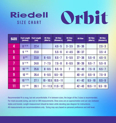 Picture of a sizing chart for the Riedell Orbit roller skate in pink in purple columns