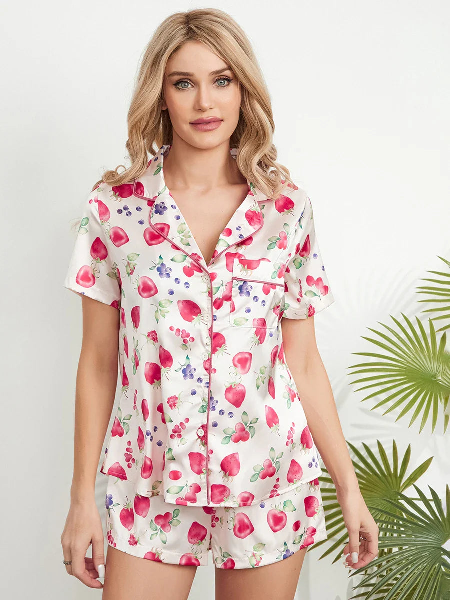 Llyge Women Summer Pajama Set Cute Strawberry Print Short Sleeves Buttons Tops + Elastic Shorts 2 Piece for Loungewear Soft Sleepwear