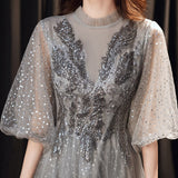 Llyge 2022  Fashion Gray Midi Long Evening Dresses 2021 New Luxuruy Beading Sequins Women Cocktail Dress Glitter Tulle Formal Party Gowns