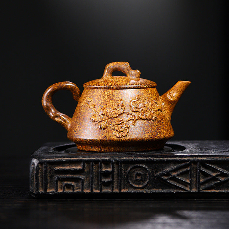 Yixing Handmade Yellow Clay Zisha Teapot with Floral Appliqué, 320ml Large Capacity