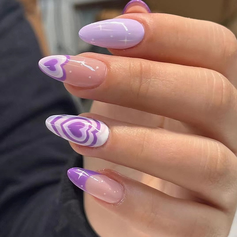24Pcs Purple Heart Almond False Nails Artificial Simple with Glue French Wearable Fake Nails Full Cover Press on Nails Tips Art