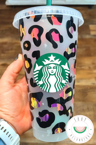 Black & Pink/Blue Holographic Leopard Print Reusable Starbuck Cold Cup