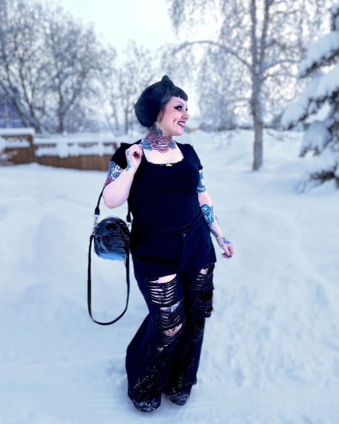 Today was -16°F but my outfit is so cute.
Pants & purse from @shasilo_clothing 🫶🏻

#shasilo #shasiloswirl #pinup #alternativefashion #altclothing #Alaskan #Alaska #alaskanative #alaskawinter #coldashell #skullpurse #gothclothing #gothaesthetic #inkedwomen