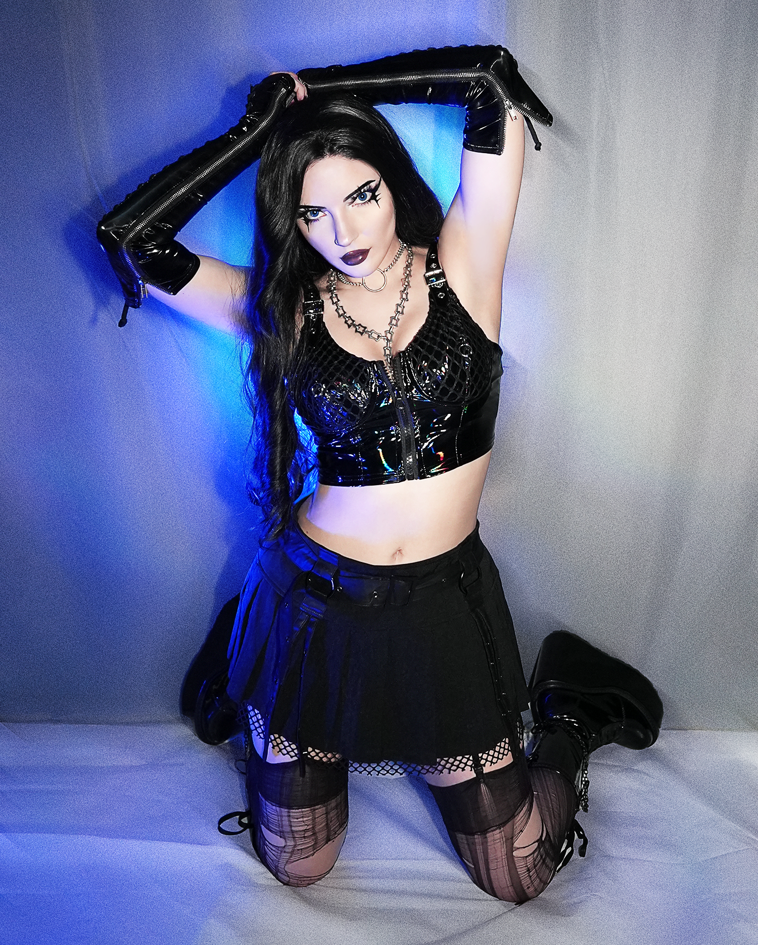 which pic is your fav 1-5? 🖤 having fun inside while it’s been storming in CA the past week⚡️

Outfit:
🖤 Top, skirt, and nails from @shasilo_clothing
🖤 Necklaces from @regalrose
🖤 Shoes from @demonia.shoes

🖤⛓️
#gothgirl #gothoutfit #gothaesthetic #gothgf #gothdoll #gothstyle
