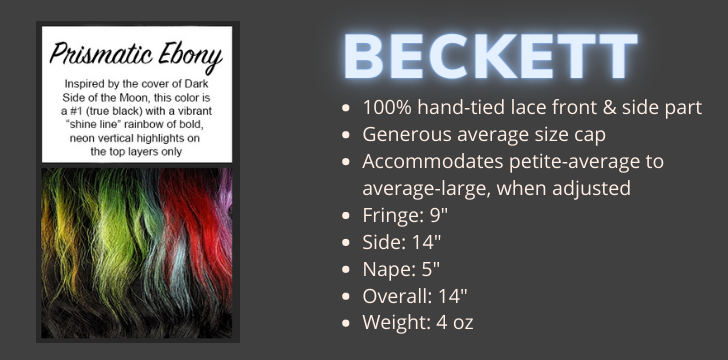 Beckett in Prismatic Ebony Rooted is a black wig with a shine line of vertical neon rainbow highlights