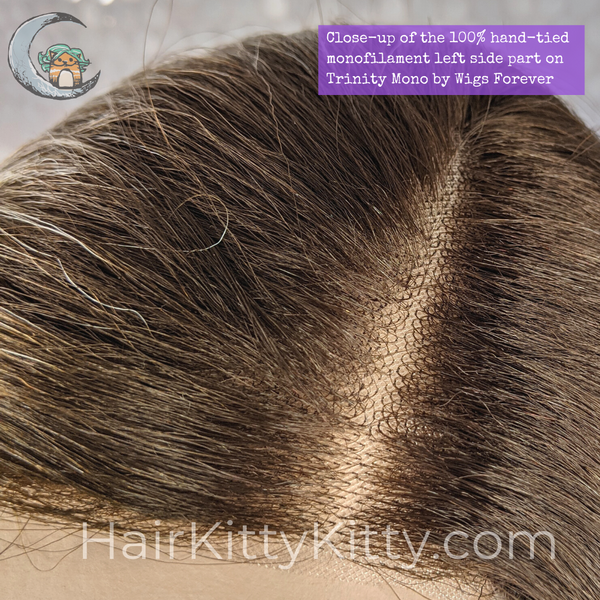 Up close image of the lace front and monofilament side part on Trinity by Wigs Forever
