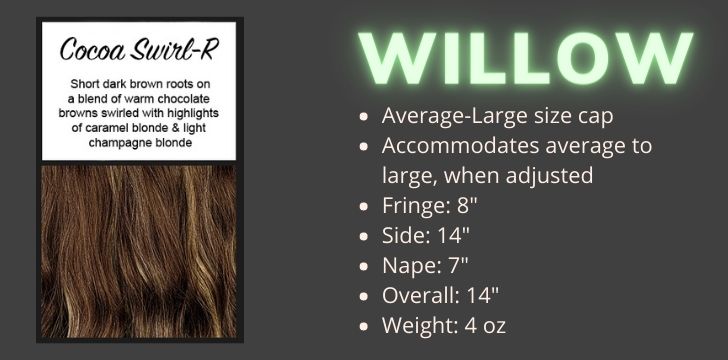 Willow in Cocoa Swirl Rooted is a warm dynamic medium chocolate brown with a swirl of blonde highlights