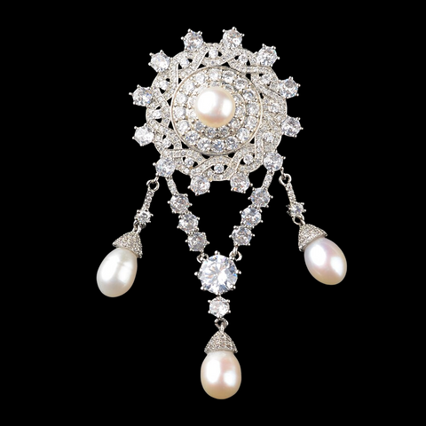 Queen Elizabeth Cultured Freshwater Pearl Brooch, Large Round & Teardrop  Pearls, Faceted Zircon Frame, Queen's Pearl Studs Set, #1576/#1574