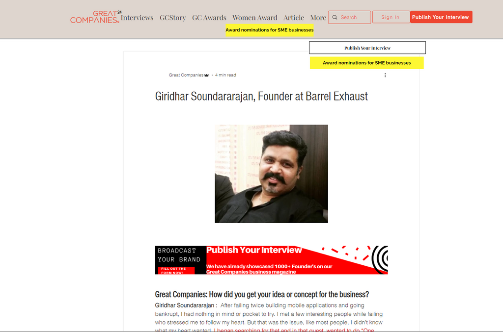 Great Companies Article on Giridhar Soundararajan 