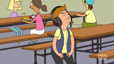 bob's burgers jimmy jr. touching self and dancing with headphones gif