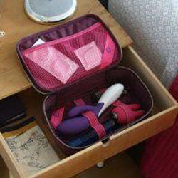sex toys in a storage box in a nightstand drawer