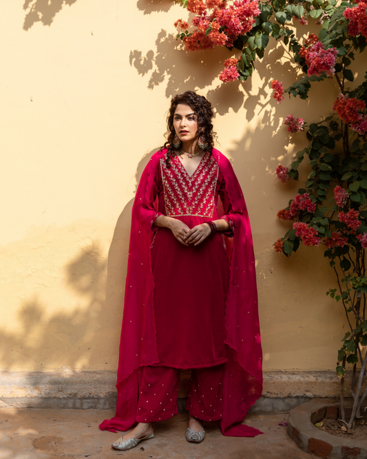 Khizaan Gulabi - Velvet Embroidered Suit Set – maisonshefali