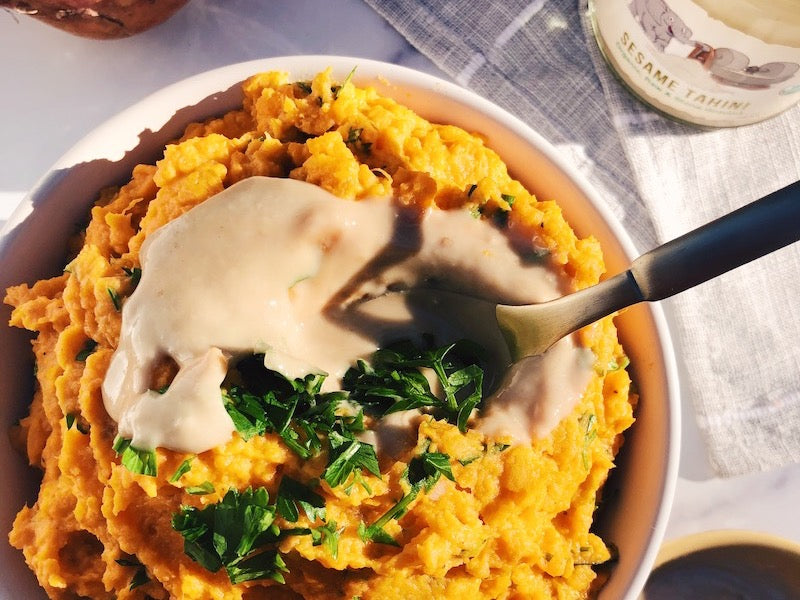 Savory Tahini Mashed Sweet Potatoes 