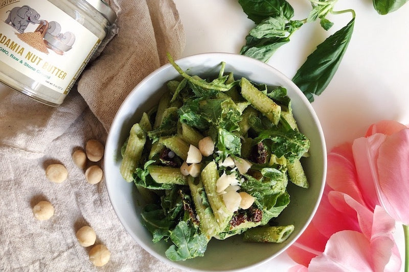 Vegan Macadamia Nut Pesto Pasta with Arugula and Sun-dried Tomatoes