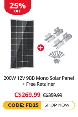 200W 12V 9BB Mono Solar Panel + Free Retainer