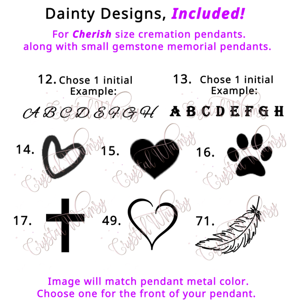 Custom design choices for Cherish size breastmilk and cremation necklaces.