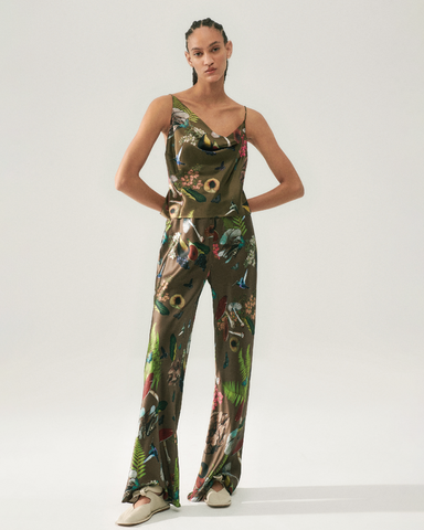 silk laundry brown mushroom print cami and bias cut pant