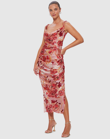 leo lin cowl neck slip dress in pink floral