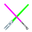 One pink light saber and one green light saber crossed in the missed of the image