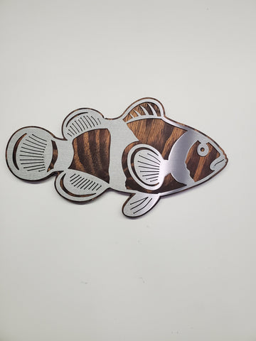Clown Fish metal art on wood by Beamish Metal Works
