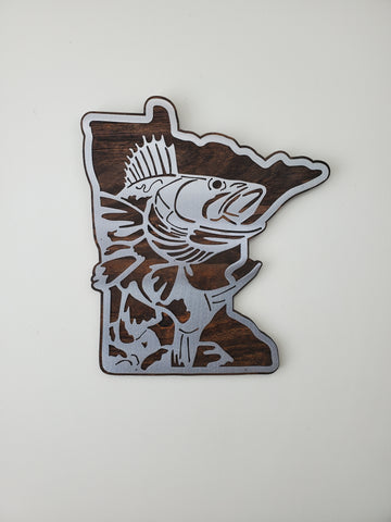 Minnesota with a walleye fish metal on wood home decor