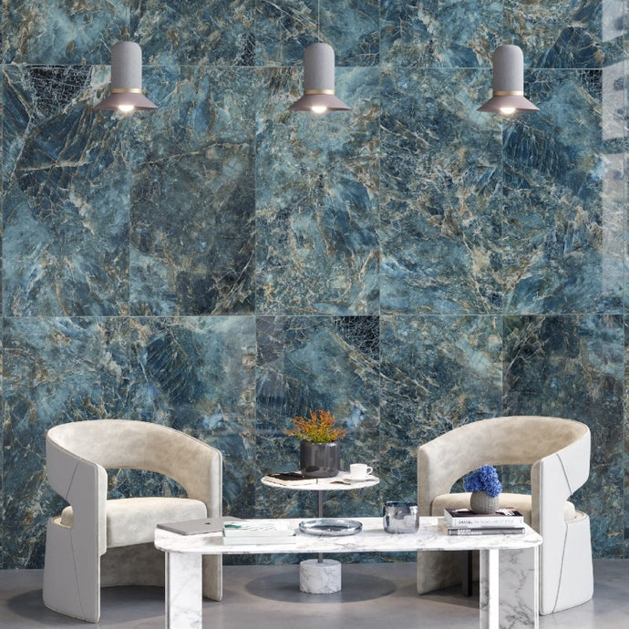 Glacier Blue Marble Effect Polished Porcelain Floor Tile - 800mm x