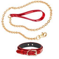Recollier Dog Gold Chain Leash and Volt Collar Set Red Patent