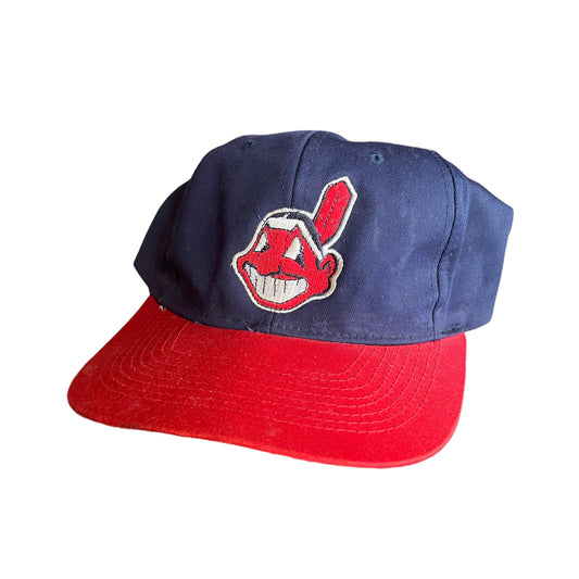 Vintage Cleveland Indians Hat Strapback 90s Chief Wahoo Blue Red