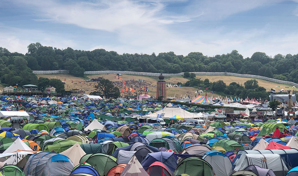 Glastonbury camping near the Ribbon Tower