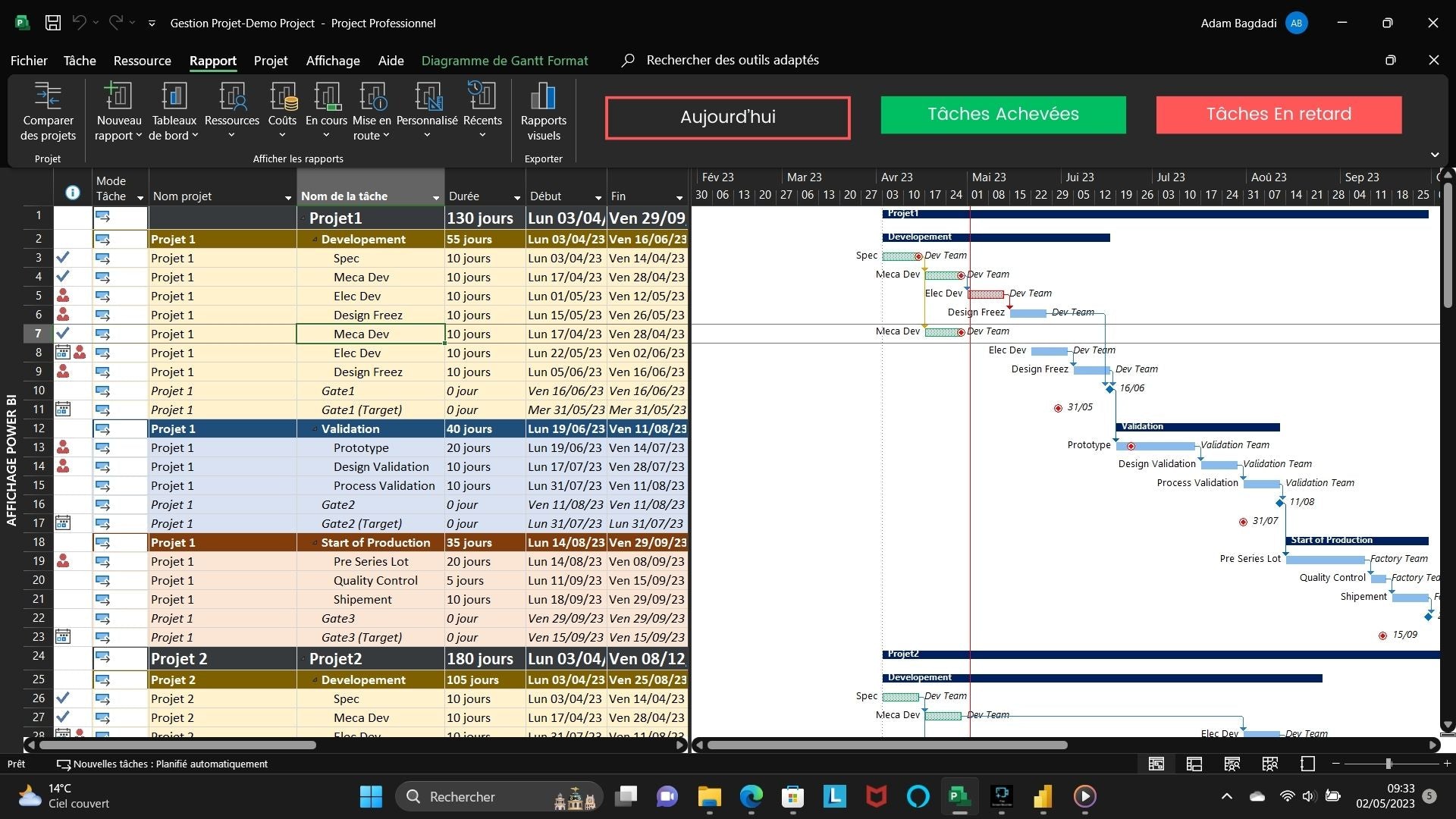 Capture d'écran montrant un tableau de Gantt dans Microsoft Project utilisé pendant une session de formation. Les tâches, durées et dépendances sont visuellement représentées sur un calendrier pour la gestion de projet.