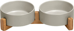 Ceramic Dog and Cat Bowl Set with Wooden Stand, Modern Cute Weighted Food Water Set for Small Size Dogs 