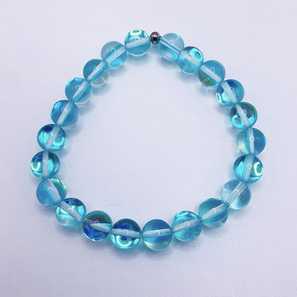 Blue Mermaid Glass, Mystic Aura Bracelet. 6mm Bead,daylight Glow,  Hypnotic,magical Hues. Rhinestone Accents. Single Bracelet. Optional Charm  