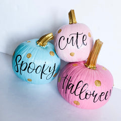 How to Paint Pumpkins: 3 Painted Pumpkins with hand lettering that says Spooky Cute Halloween