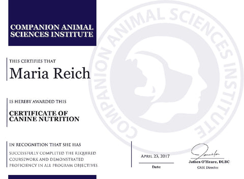 Maria Reich Canine Nutritionist Certificate