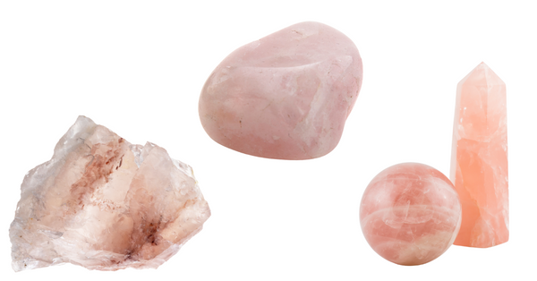 Rose quartz raw, tumbled, sphere and tower