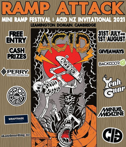 Ramp Attack full poster with skeletons skating in an orange ramp