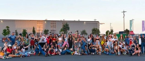 A big group of people on roller skates at Flash Jams in Silo Park