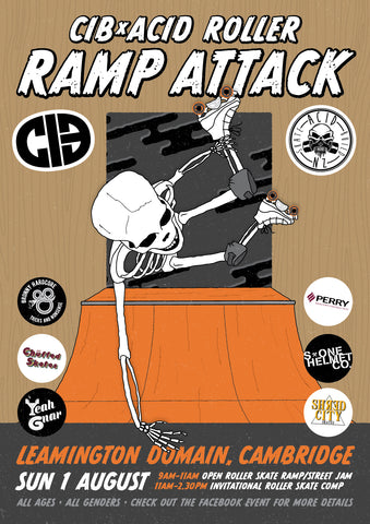 Poster of a roller-skating skeleton a handplant in a mini ramp for Ramp Attack.