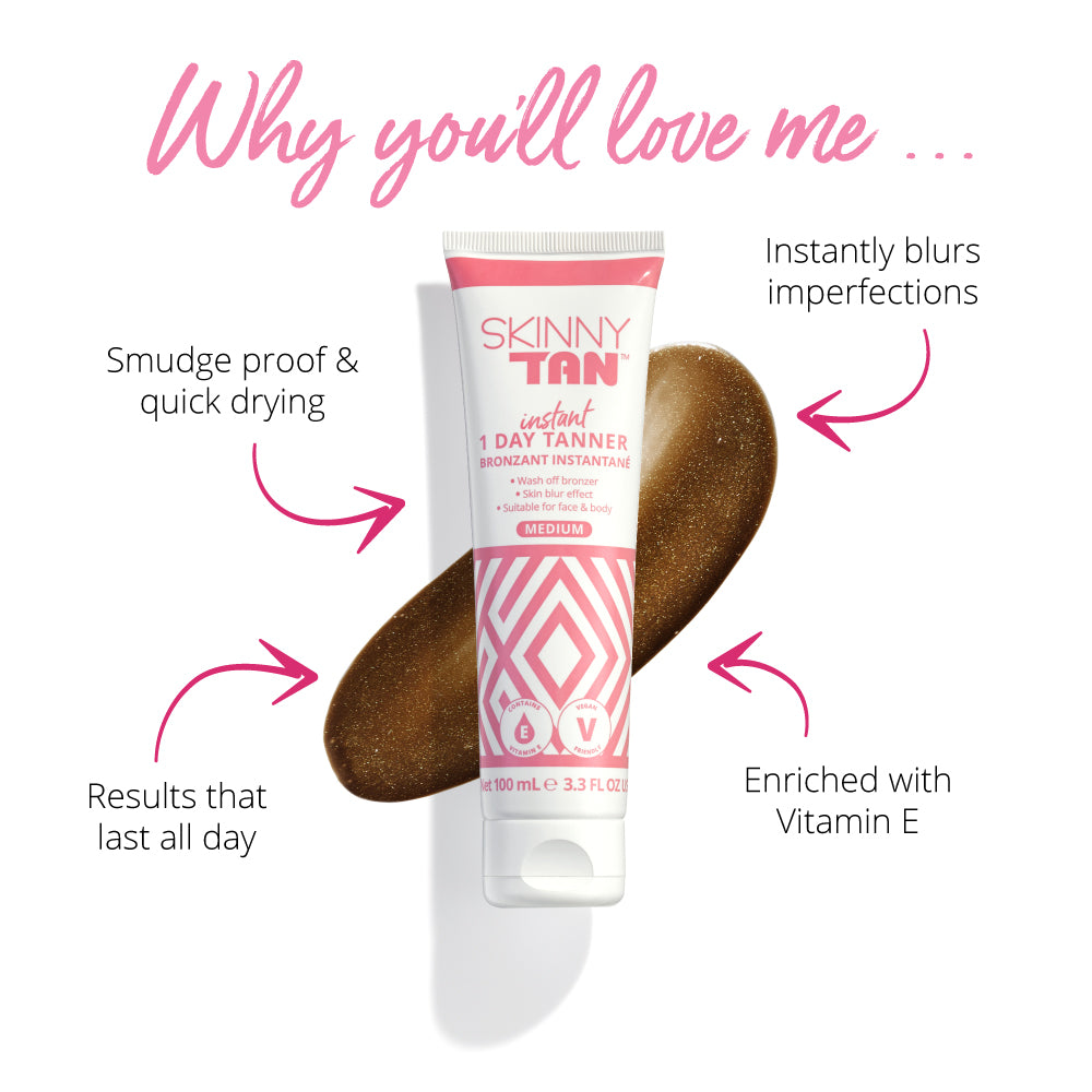 Four reasons to love Skinny Tan's new 1 Day Instant Tanner: smudge proof, instantly blurring, long-lasting results, enriched with Vitamin E.