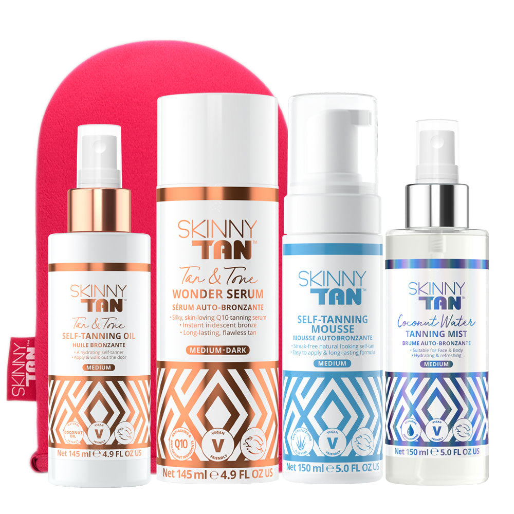 Skinny Tan Bundle ’Best of the Best Bundle’ - Tan & Tone Oil + Wonder Serum + Mousse + Coconut Water Tanning Mist + Mitt 5 for £55