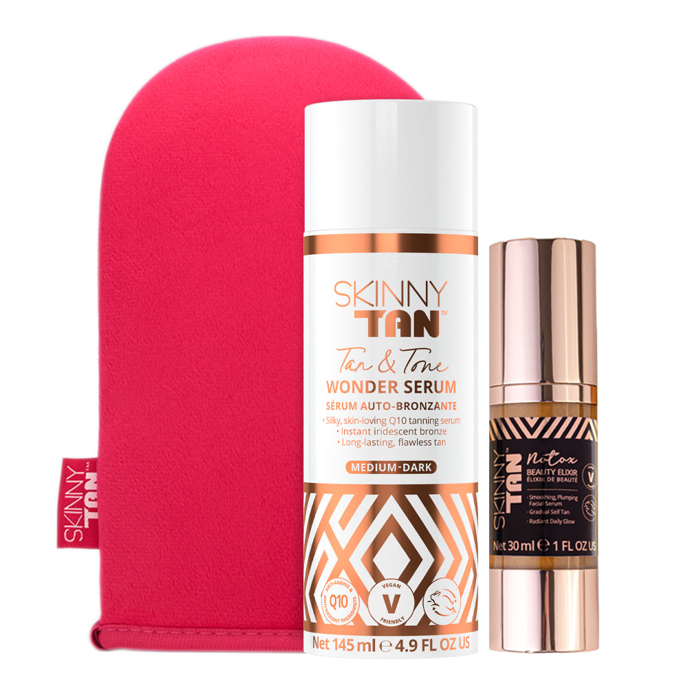 Skinny Tan Tan & Glow Free NOTOX with Wonder Serum + Mitt Wonder Tanning Serum Contains Q10, Vitamin E And Hyaluronic Acid To Give A Flawless Tan