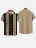 Retro Style Brown And Khaki Stripes Poker Printing Men's Short Sleeve Shirt
