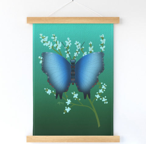 Blue Butterfly and Spring Flowers Wall Hanging - Spoonflower