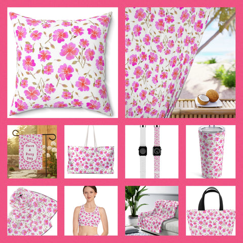 Hot pink wild roses chintz design