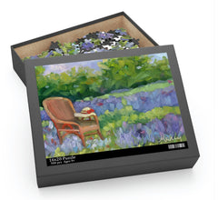 Puzzle of lavender field with wicker chair and hat by Marcy Brennan Art