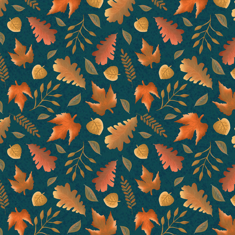 Falling Leaves Pattern on Mossy Blue - Autumnal Woodlands Collection