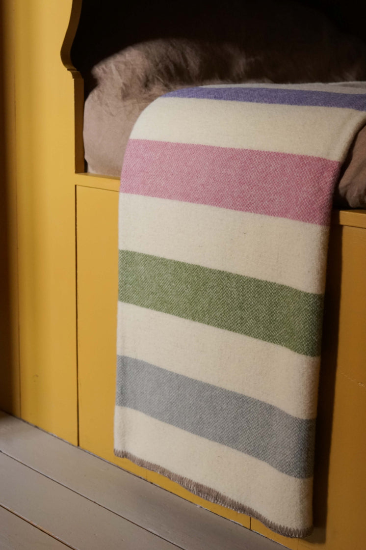  Amethyst / Magenta / Green / Grey striped wool blanket by Drove Weavers.